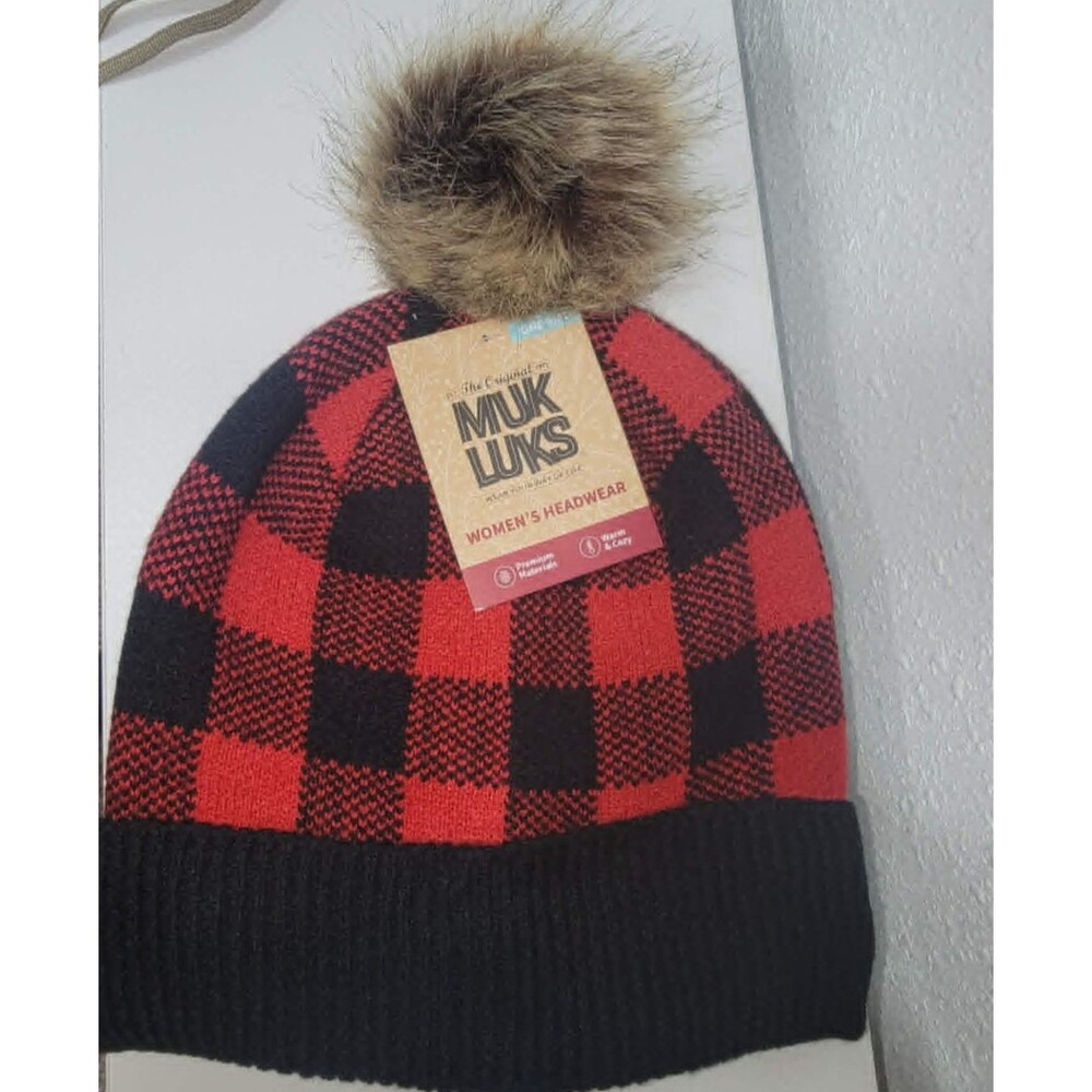 Brand New Muk Luks Women's Headwear Beanie Hat Thermal Knit Cuff Buffalo Plaid